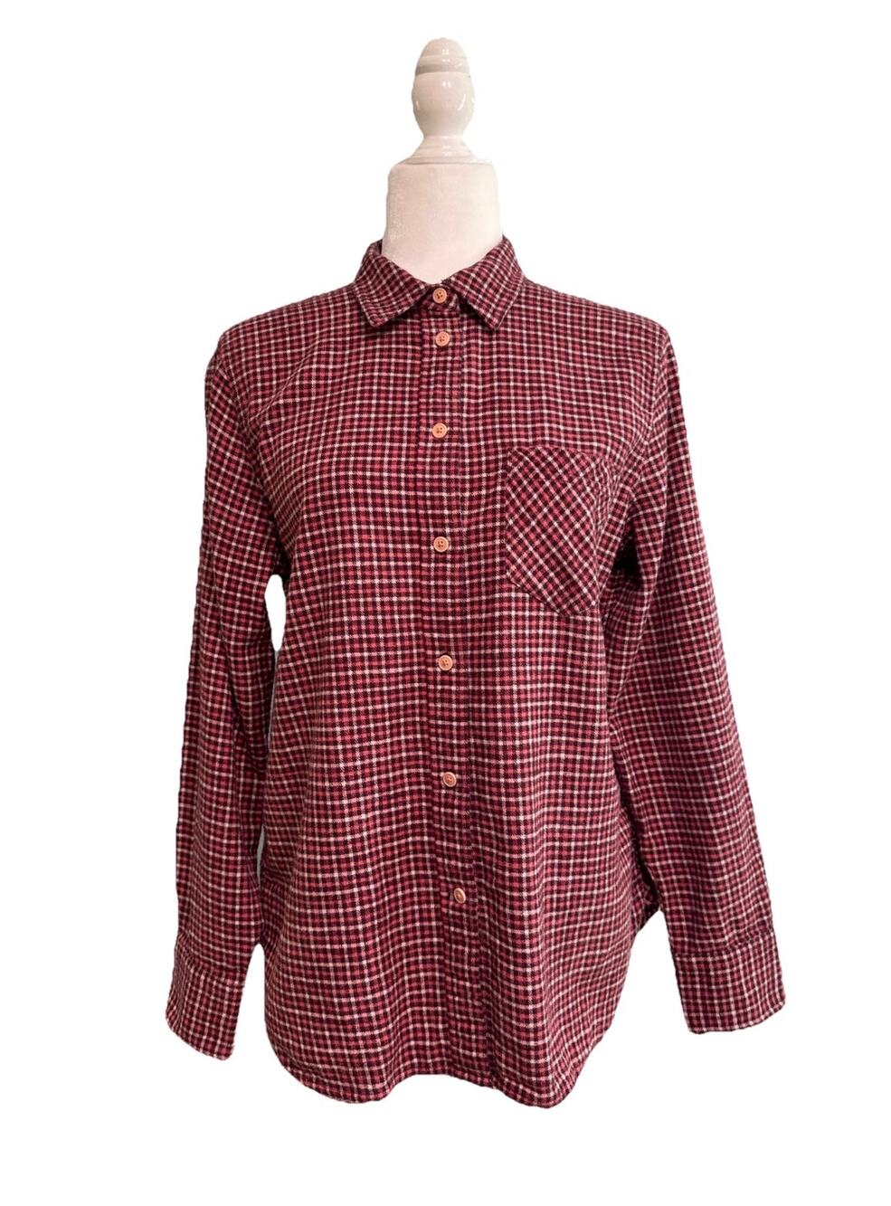 J CREW Flannel Classic Button Front Plaid Shirt Womens 8 Burgundy Cotton